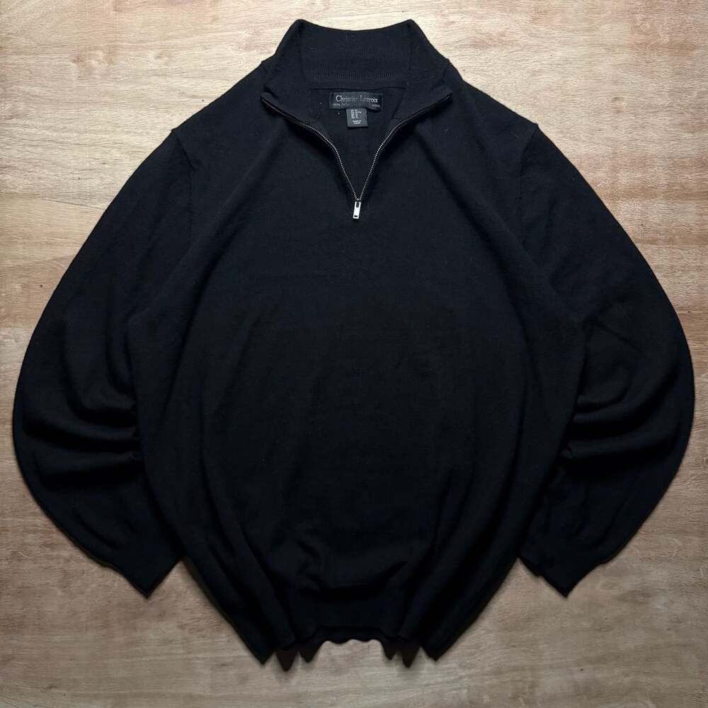 Christian Lacroix Men's XL Merino Wool Black Quarter Zip Sweater Luxury